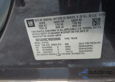 2014 GMC Sierra 1500 Slt из США, поврежденный, VIN 3GTU2VEC7EG533560